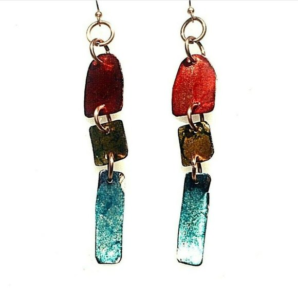 Primitive Brutalist Copper Earrings Boho Gift Chartreuse Festival Handmade - Picture 5 of 10